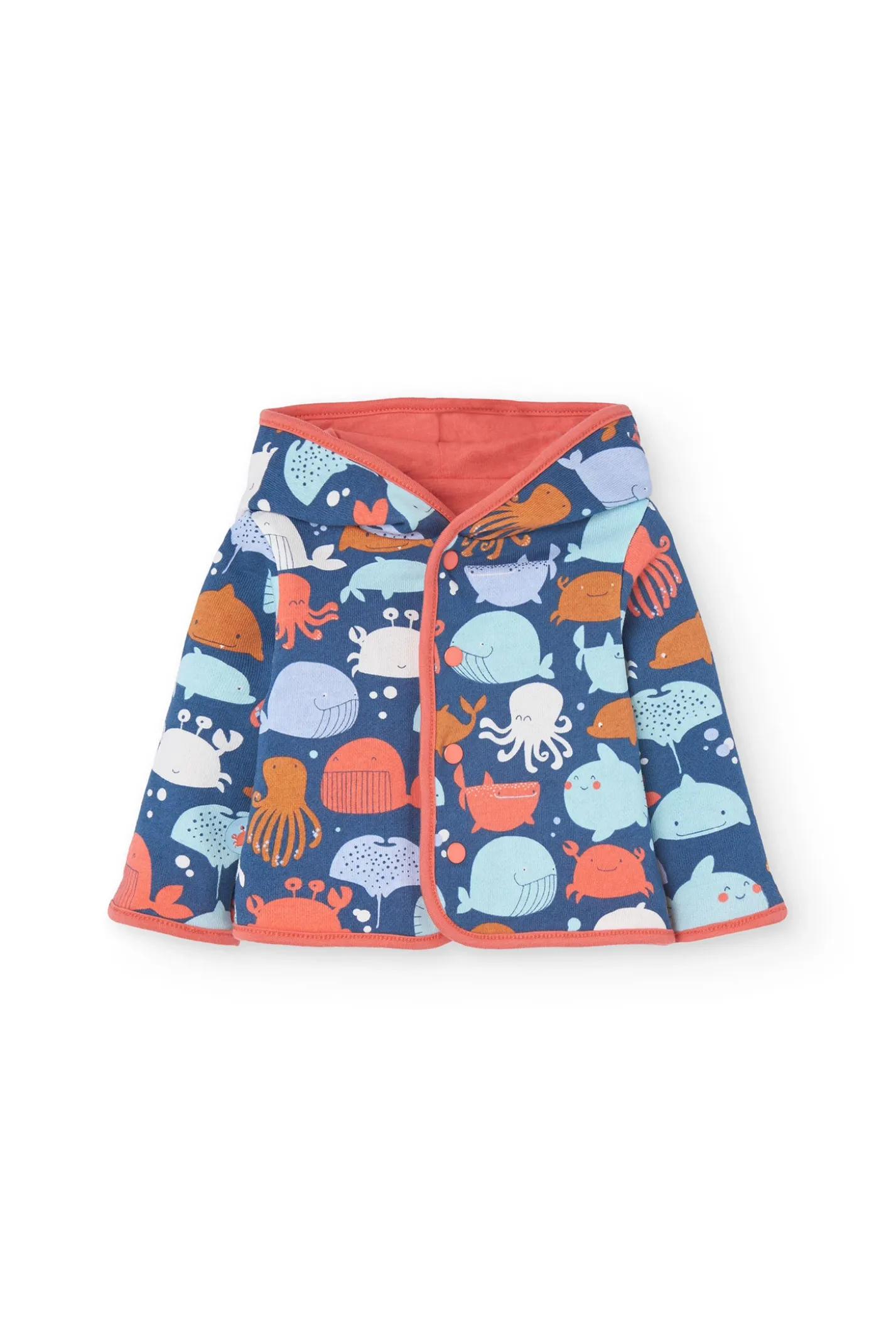 Giacca reversibile a maglia per neonato in colore rosso e con stampa.