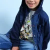 Giubbino denim in maglia per neonato di colore blu con cappuccio.
