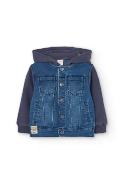 Giubbino denim in maglia per neonato di colore blu con cappuccio.