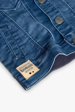 Giubbino denim in maglia per neonato di colore blu con cappuccio.
