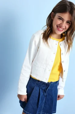 Giubbotto in tessuto elastico per bambina di colore bianco.