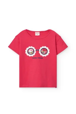 Maglietta a maglia per bambina in colore fragola con stampa