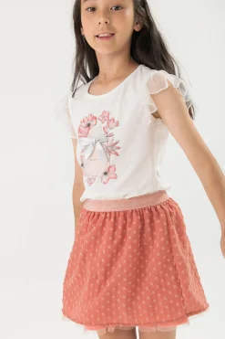 Maglietta a maglia per bambina in bianco con disegno di fiori