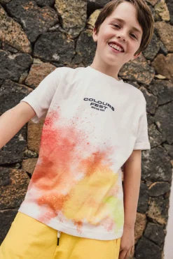 Maglietta a maglia per bambino in colore bianco con stampa a colori.