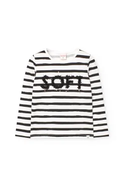 Maglietta a maglia per bambina con design a righe nei colori bianco e nero