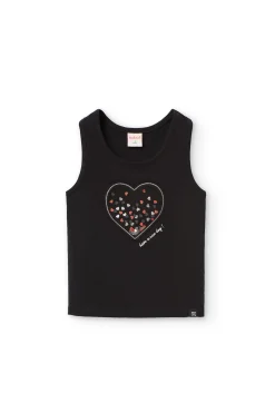 Maglietta a maglia per bambina di colore nero con motivo a cuore.