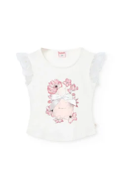 Maglietta a maglia per bambina in bianco con disegno di fiori
