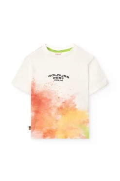 Maglietta a maglia per bambino in colore bianco con stampa a colori.
