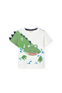 Maglietta a maglia per bambino in bianco con design di coccodrillo.
