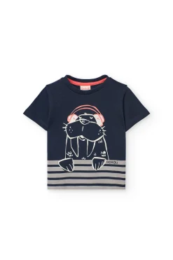 Maglietta a maglia per bambino in blu marino con stampa