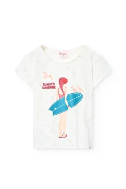 Maglietta a maglia per bambina di colore bianco con stampa da surfista