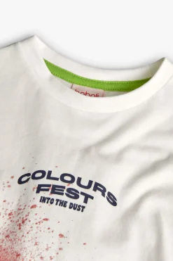Maglietta a maglia per bambino in colore bianco con stampa a colori.