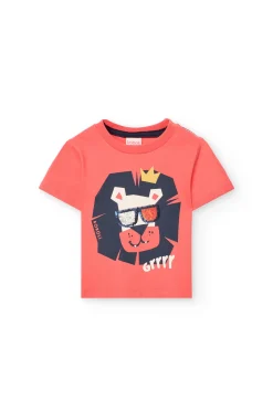 Maglietta a maglia per neonato di colore rosso con stampa di leone.