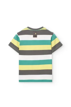 Maglietta a righe per bambino in colori verde, grigio e giallo.