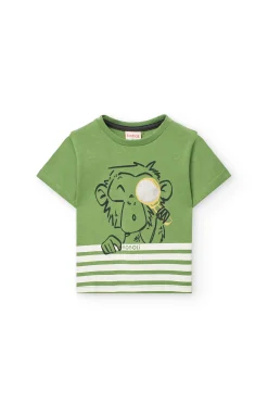 Maglietta basica in maglia per neonato in verde con stampa di scimmia