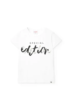 Maglietta di maglia elastica per bambina di colore bianco