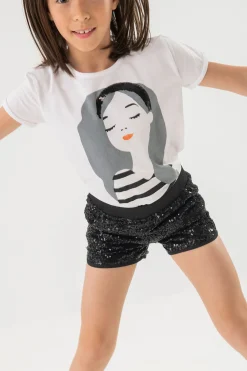 Maglietta di maglia per bambina di colore bianco con stampa di bambina.