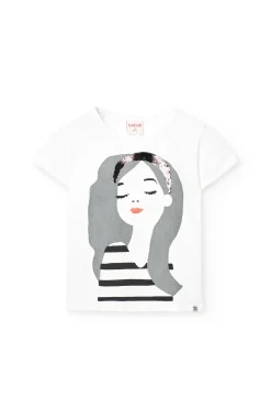 Maglietta di maglia per bambina di colore bianco con stampa di bambina.