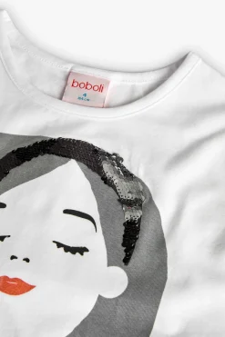 Maglietta di maglia per bambina di colore bianco con stampa di bambina.