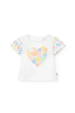 Maglietta in maglia per bambina in colore bianco con stampa a cuore.