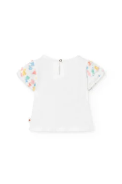 Maglietta in maglia per bambina in colore bianco con stampa a cuore.