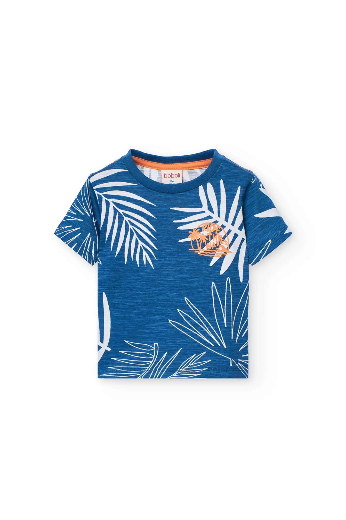 Maglietta in maglia per bambino di colore blu con design tropicale.