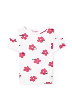 Maglietta in maglia per bambina di colore bianco con stampa floreale.