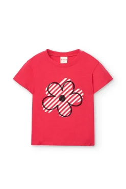 Maglietta in maglia per bambina di colore fragola con motivo floreale.