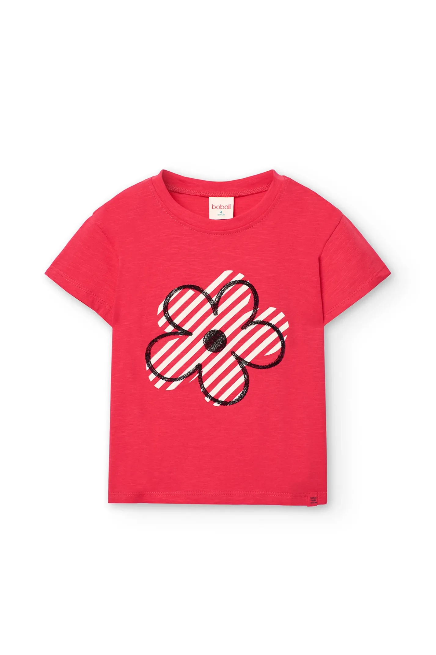 Maglietta in maglia per bambina di colore fragola con motivo floreale.