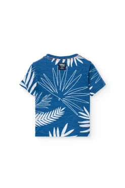 Maglietta in maglia per bambino di colore blu con design tropicale.