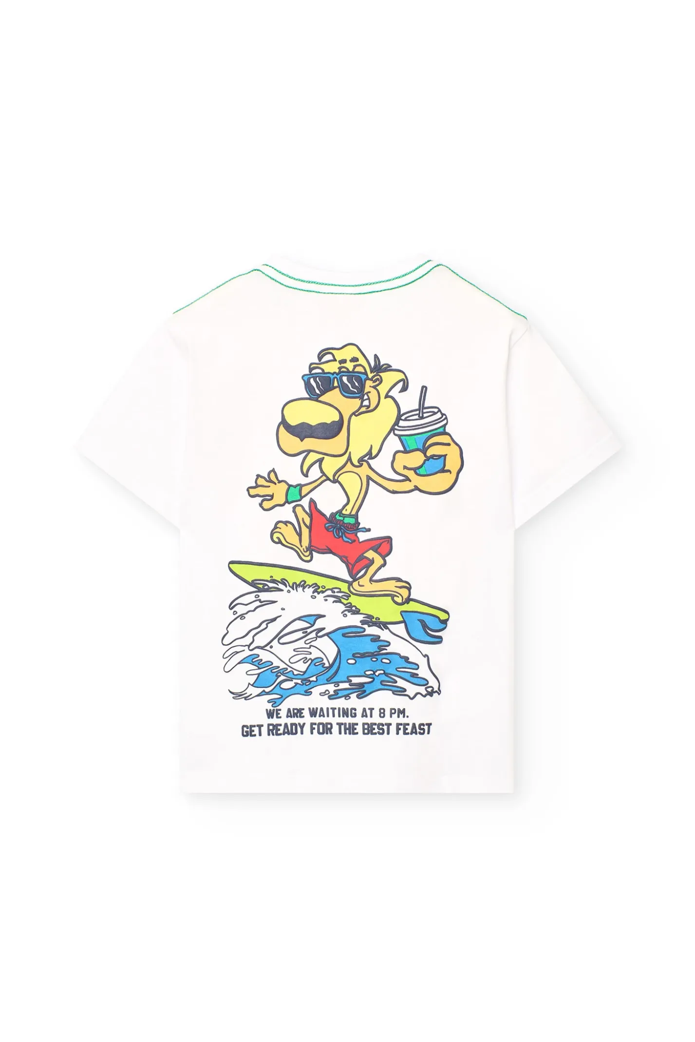 Maglietta in maglia per bambino bianca con design di leone surfista