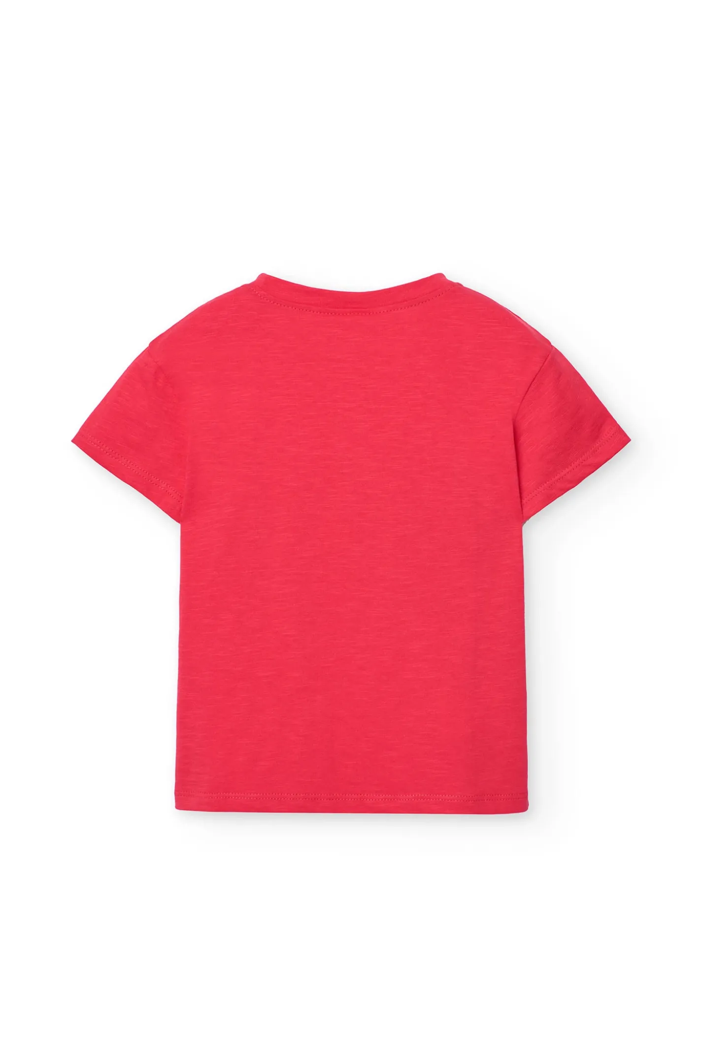 Maglietta in maglia per bambina di colore fragola con motivo floreale.