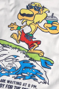 Maglietta in maglia per bambino bianca con design di leone surfista