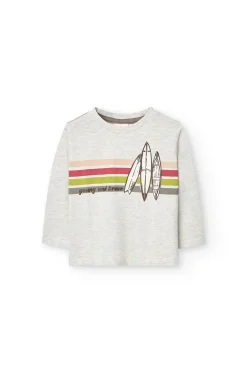 Maglietta in maglia per neonato color crema con stampa.