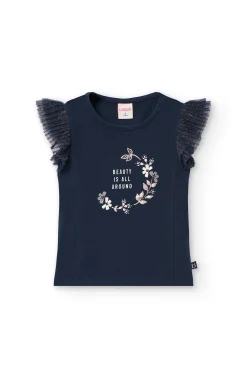 Maglietta lavorata a maglia per bambina con stampa floreale in colore blu navy.
