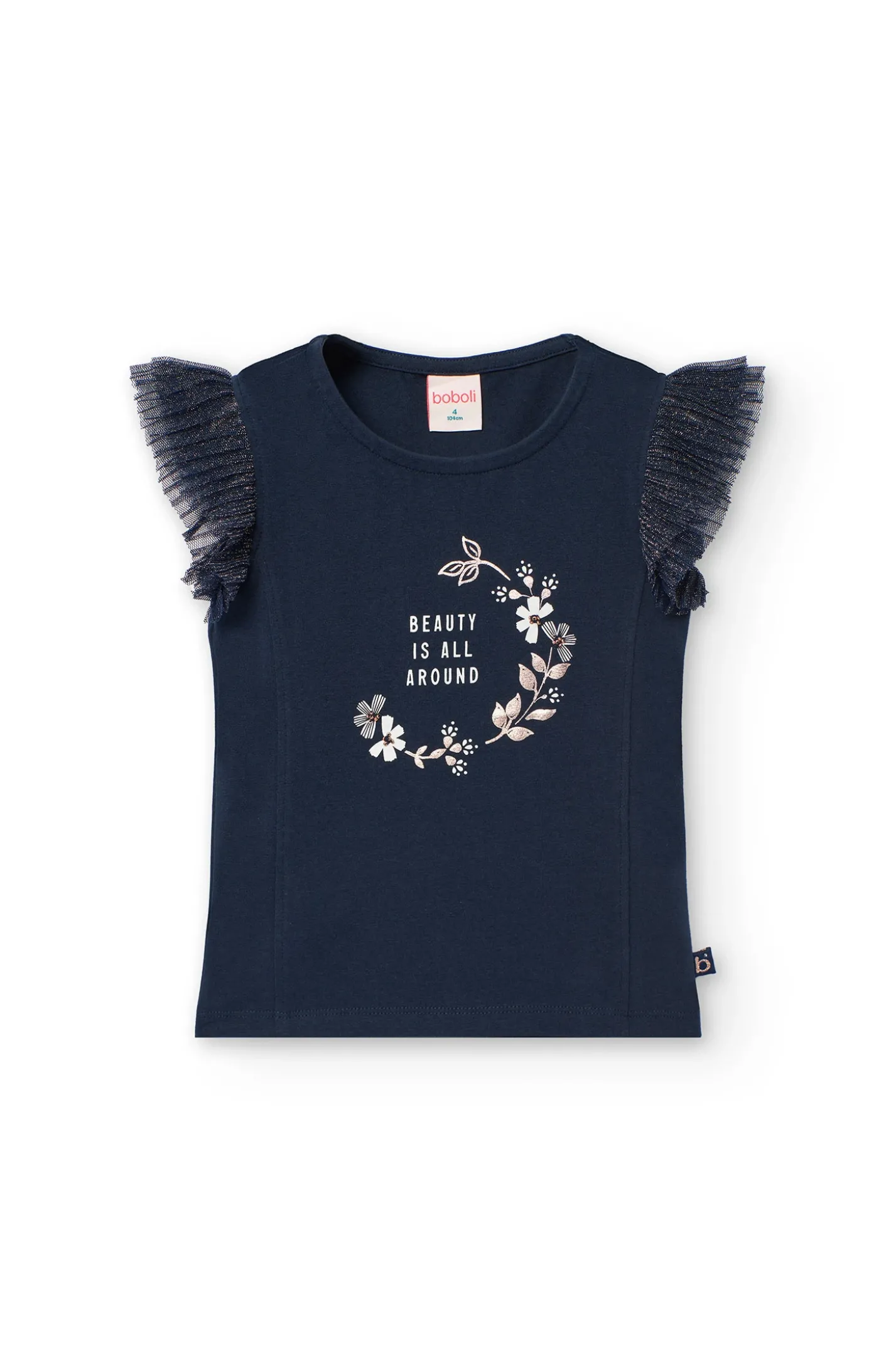 Maglietta lavorata a maglia per bambina con stampa floreale in colore blu navy.