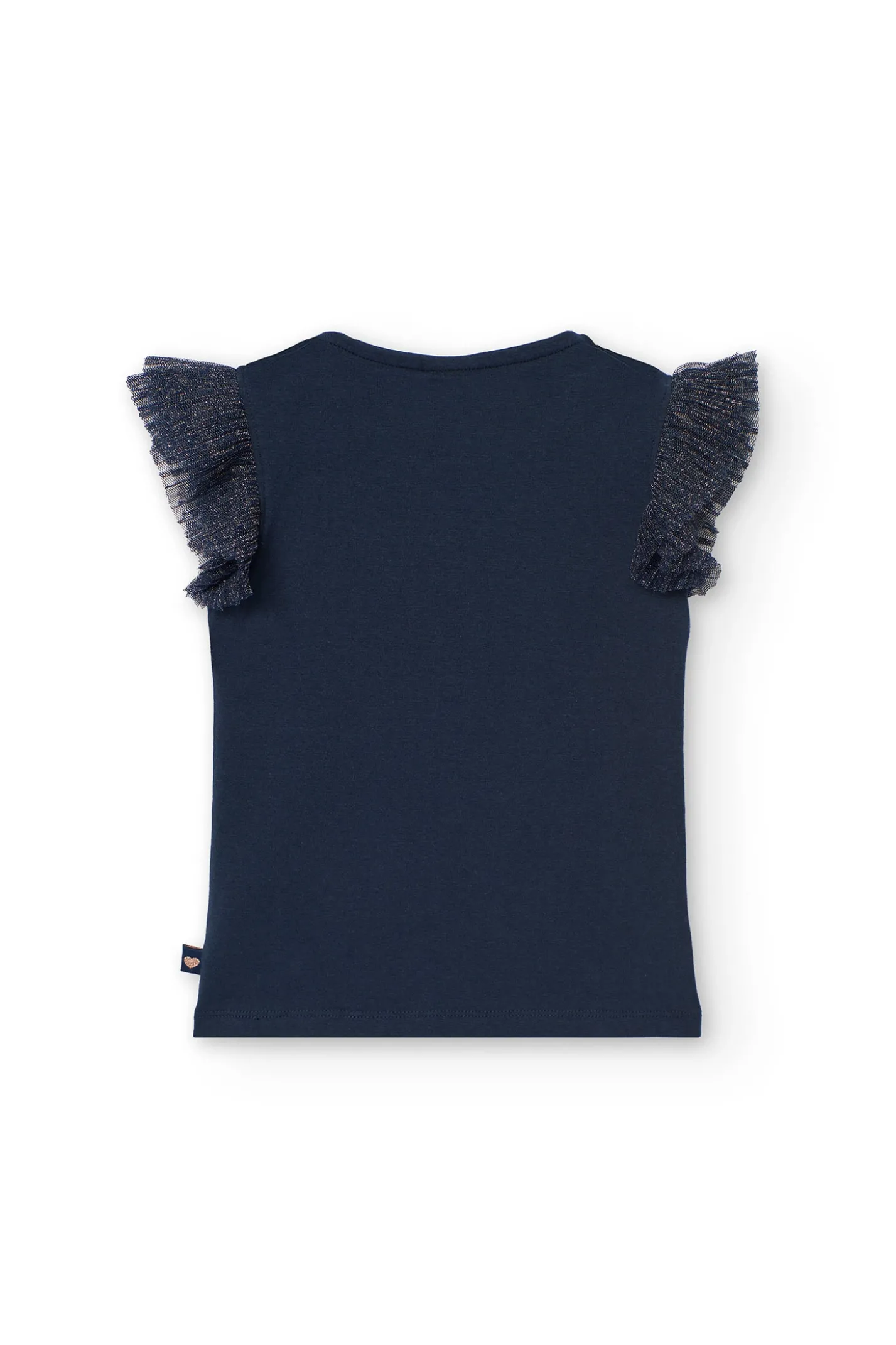 Maglietta lavorata a maglia per bambina con stampa floreale in colore blu navy.