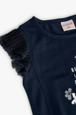 Maglietta lavorata a maglia per bambina con stampa floreale in colore blu navy.