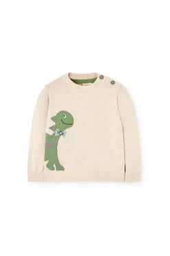 Maglioncino lavorato a maglia per bebè maschio di colore beige con motivo di dinosauro