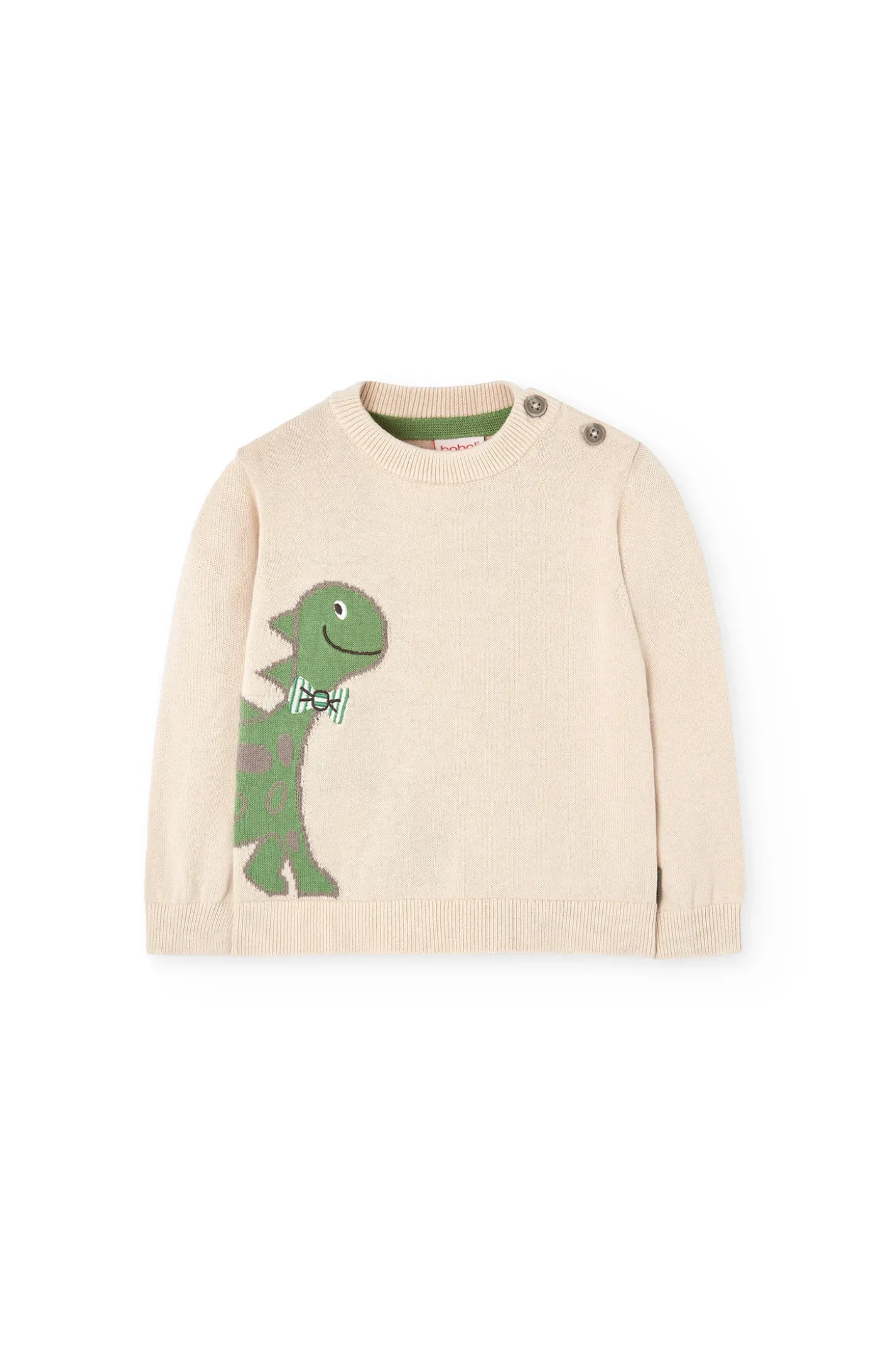 Maglioncino lavorato a maglia per bebè maschio di colore beige con motivo di dinosauro