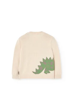 Maglioncino lavorato a maglia per bebè maschio di colore beige con motivo di dinosauro