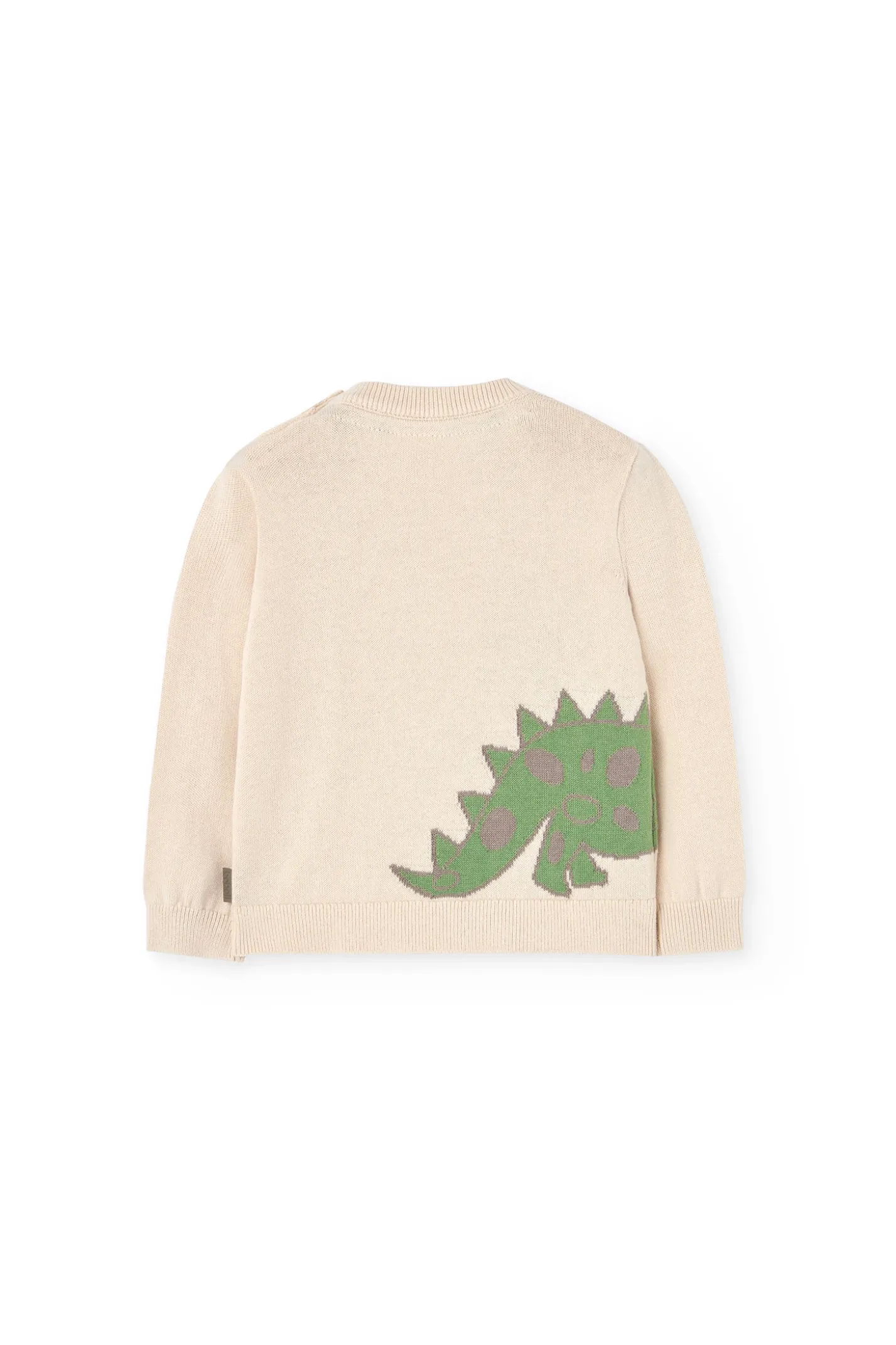 Maglioncino lavorato a maglia per bebè maschio di colore beige con motivo di dinosauro