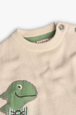 Maglioncino lavorato a maglia per bebè maschio di colore beige con motivo di dinosauro