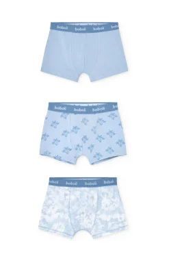 Pacco da 3 boxer in maglia per bambino in tonalità blu con stampa
