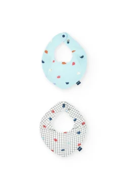 Pacco di 2 bavaglini a triangolo in maglia per bebè in blu e bianco con fantasia.