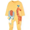 Pagliaccetto a maglia per bambino di colore giallo con stampa di animali.