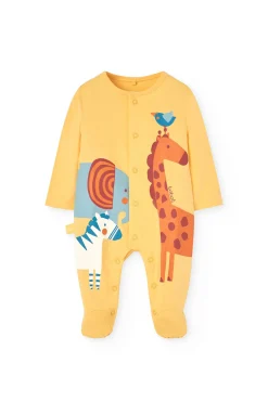 Pagliaccetto a maglia per bambino di colore giallo con stampa di animali.