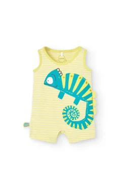 Pagliaccetto a maglia per neonato colore giallo con stampa di camaleonte.