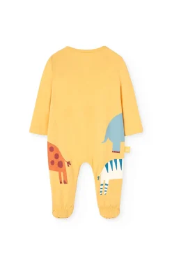 Pagliaccetto a maglia per bambino di colore giallo con stampa di animali.