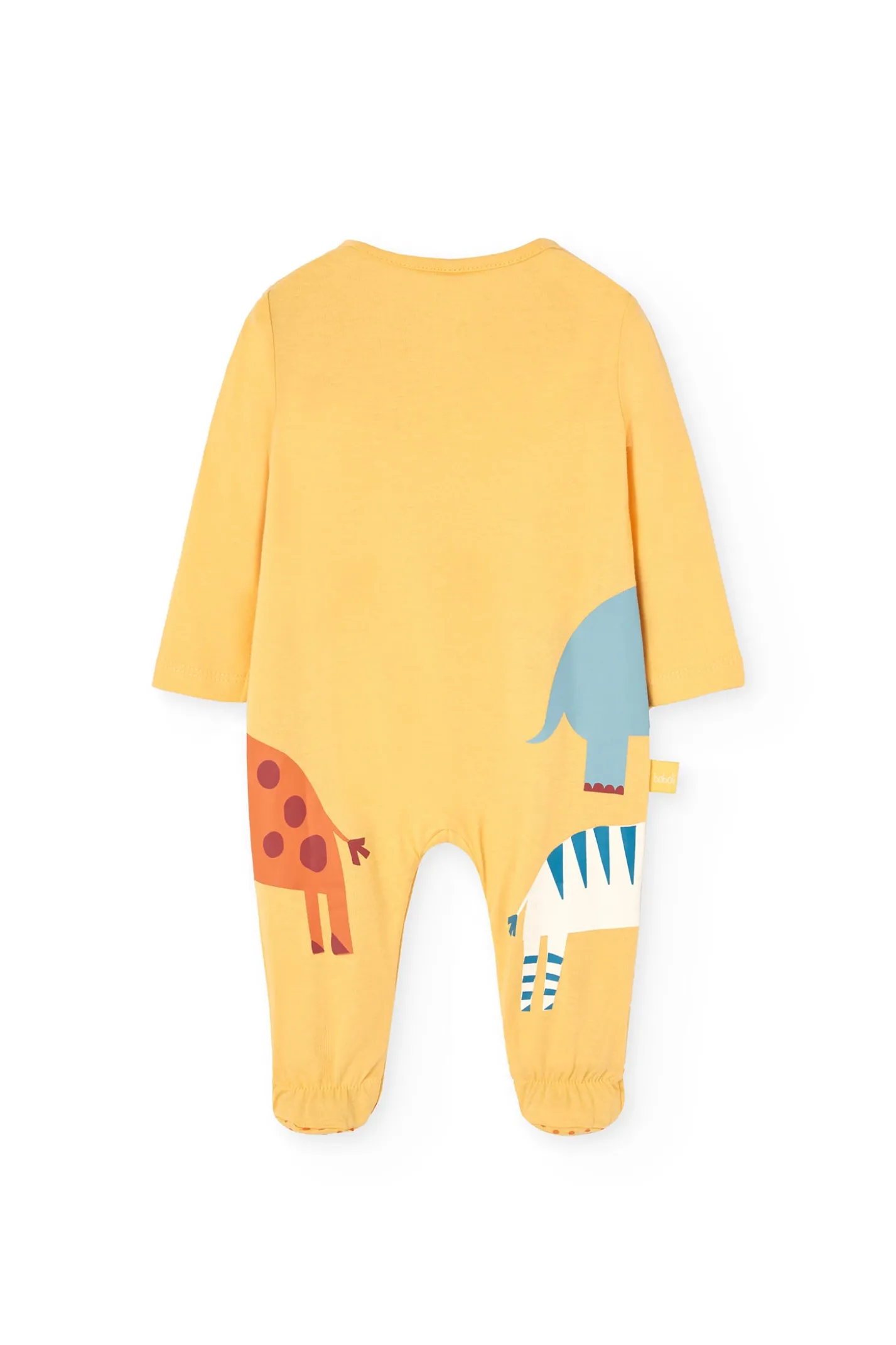 Pagliaccetto a maglia per bambino di colore giallo con stampa di animali.